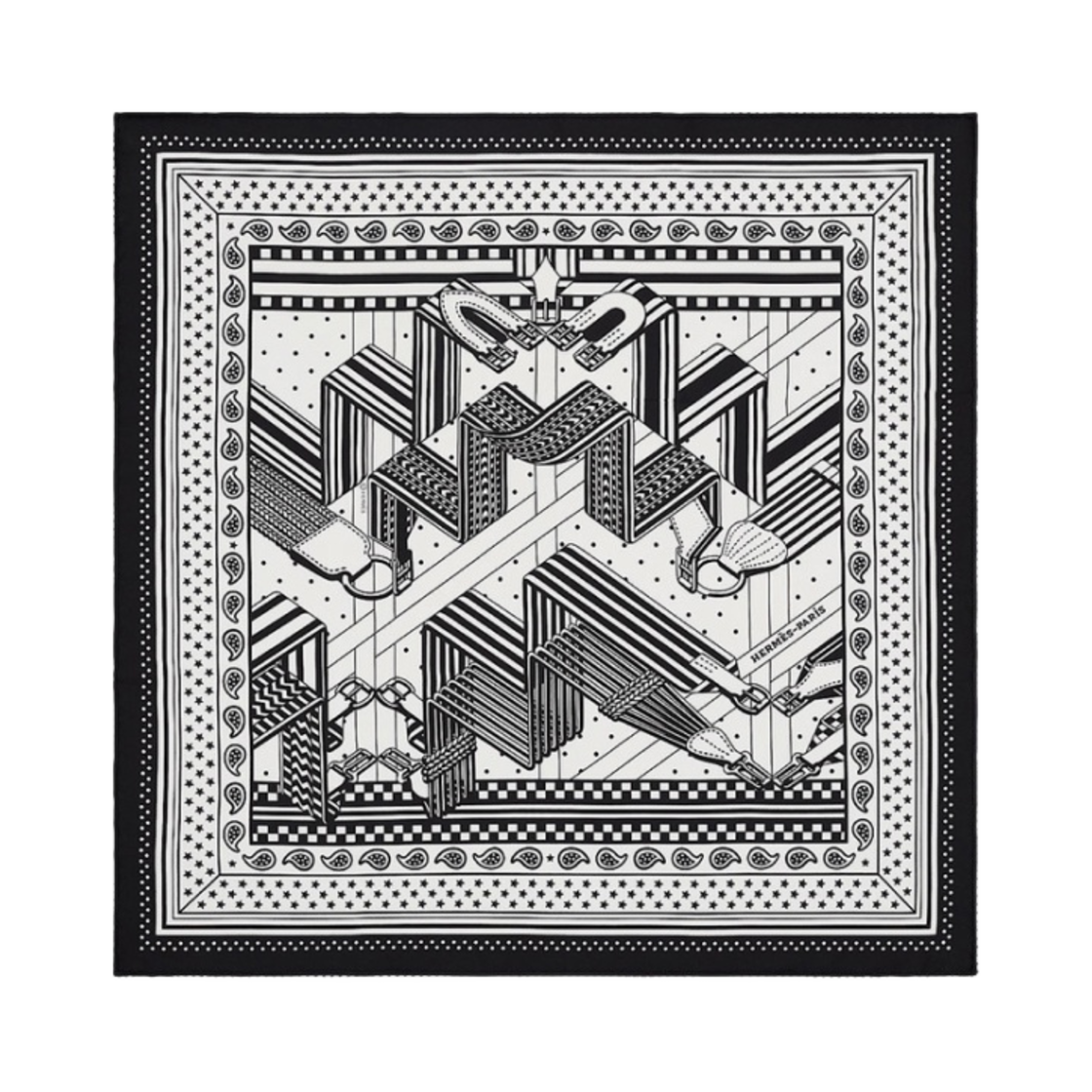 (W) 에르메스 상글 엔 지그재그 반다나 55 누아 블랑((W) Hermes Sangles En Zigzag Bandana 55 Noir Blanc) - 1