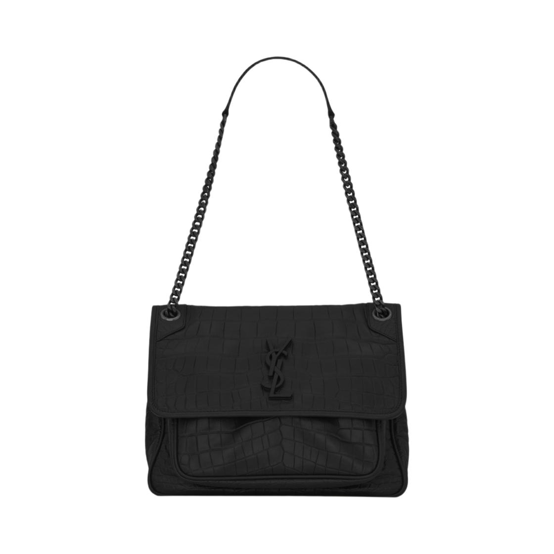 생로랑 니키 미디움 체인 백 크로커다일 엠보스 레더 블랙