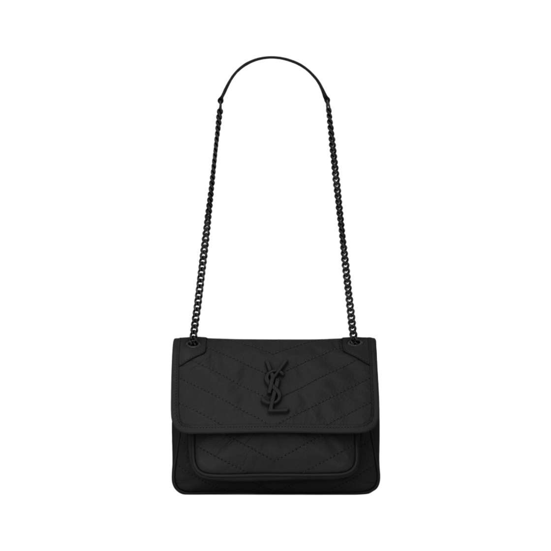 633185-0EN08-1000 Saint Laurent Black Monogram Niki Baby Bag with Black Chain Strap in Crinkled Vintage Leather Black