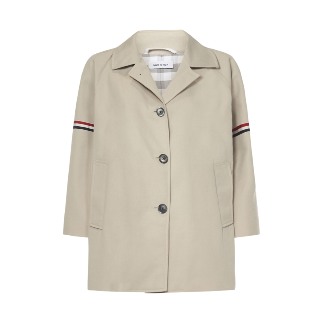 FOC704O-06111-250 (W) Thom Browne Waterproof Cotton Twill Striped Armband Cropped Car Coat Khaki