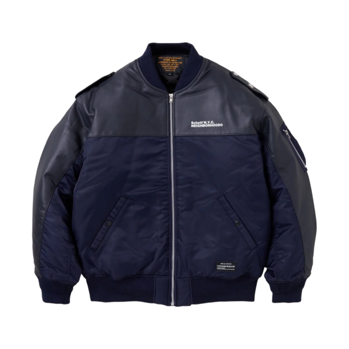 네이버후드 x 쇼트 레더 콤비 MA-1 자켓 네이비