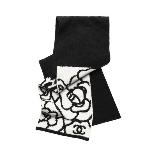 (W) Chanel Scarf Cashmere Wool & Black White