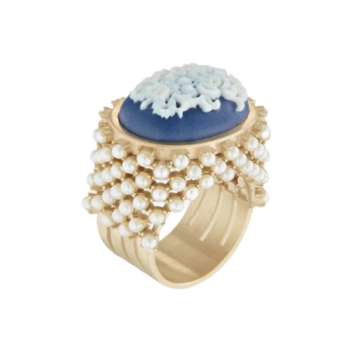 (W) 디올 그랜드 발 링 골드 피니쉬 메탈 화이트 레진 펄 블루 화이트 레진((W) Dior Grand Bal Ring Gold Finish Metal White Resin Pearls Blue White Resin) - 1