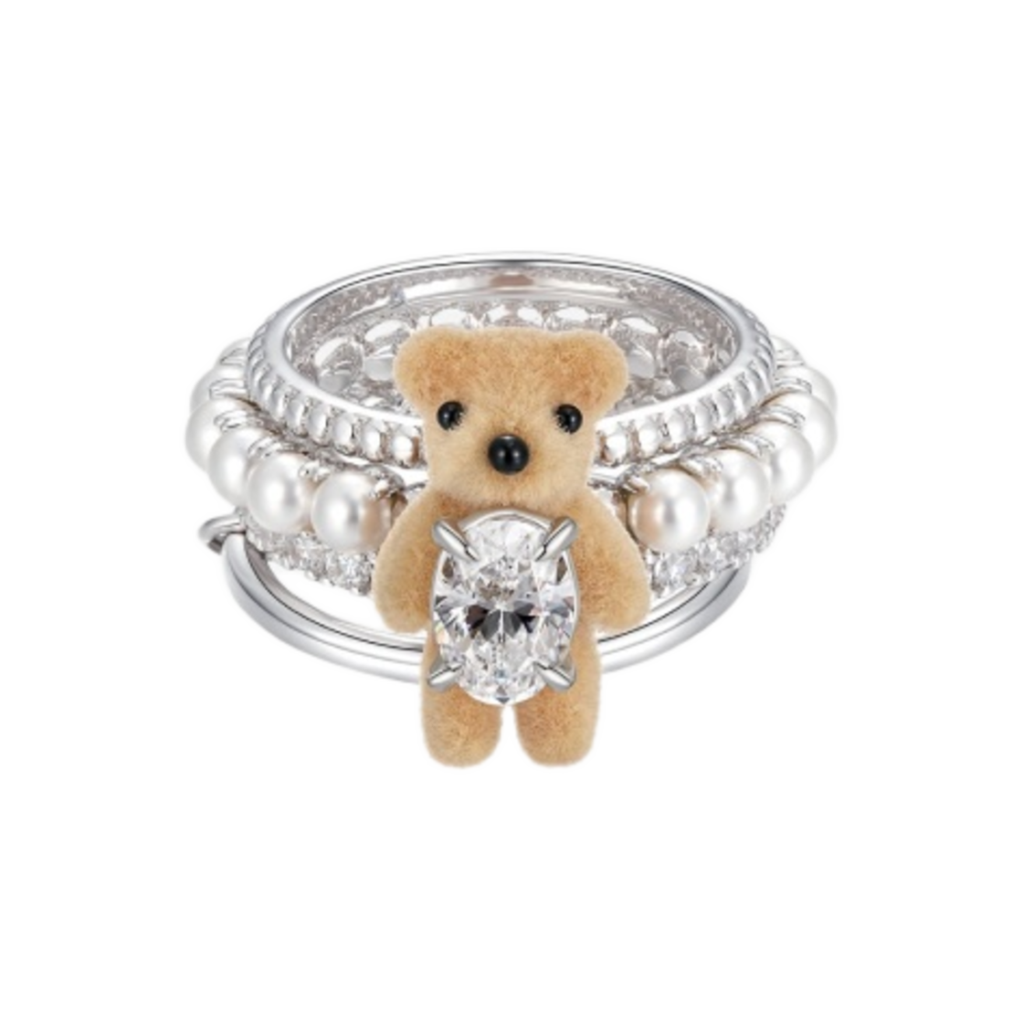 - (W) Yvmin Mini Pearlescent Bear Multi Layerred Ring White
