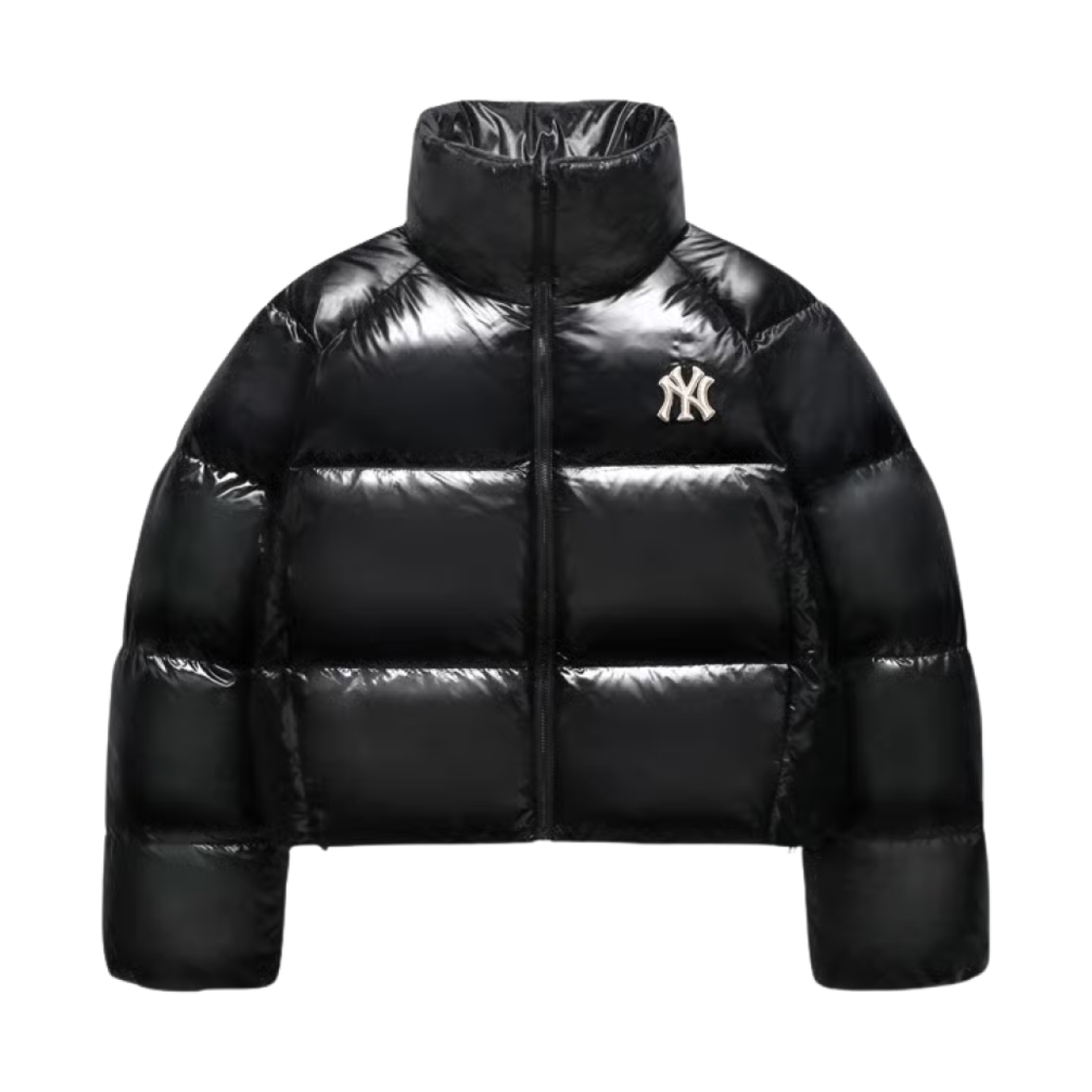 (W) MLB 크롭 유광 커브 푸퍼 자켓 뉴욕 양키스 블랙((W) MLB Crop Shiny Curve Puffer Jacket New York Yankees Black)