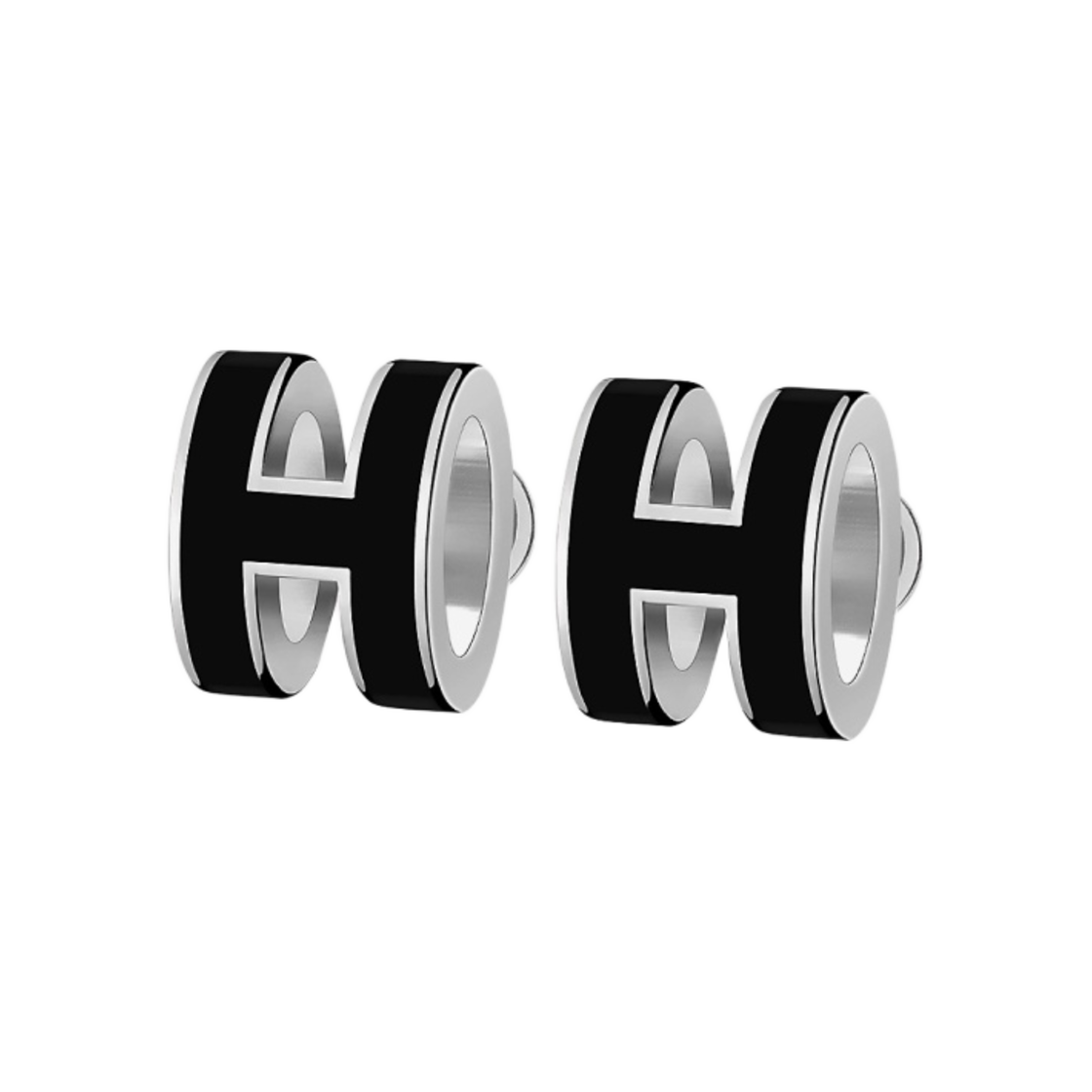 (W) 에르메스 미니 팝아슈 이어링 팔라듐 하드웨어 & 누아((W) Hermes Mini Pop H Earrings Palladium & Noir) - 1