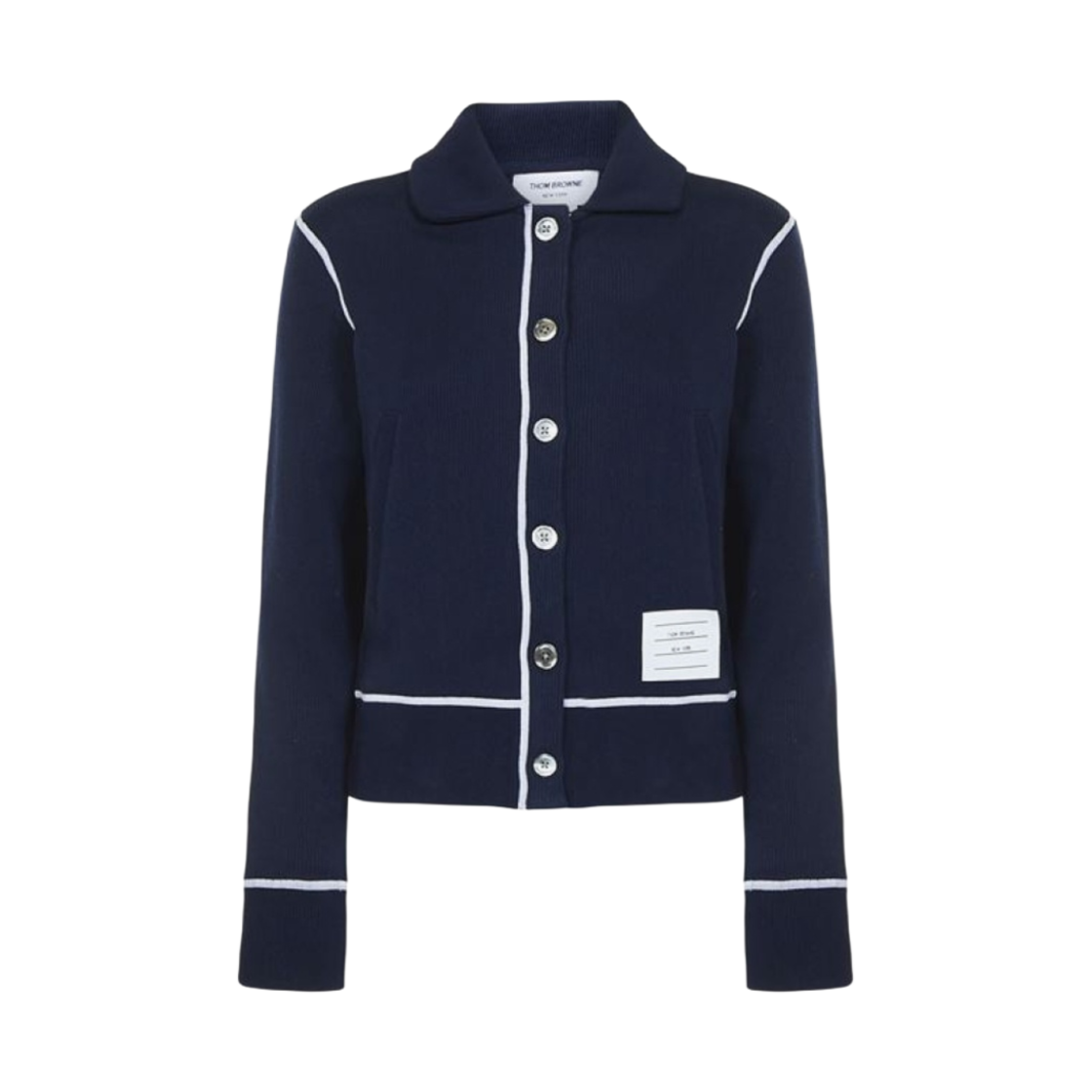(W) 톰브라운 메쉬 백 코튼 립 콘트라스트 커버 스티치 라운드 칼라 자켓 네이비((W) Thom Browne Mesh Back Cotton Rib Contrast Cover Stitch Round Collar Jacket Navy) - 1