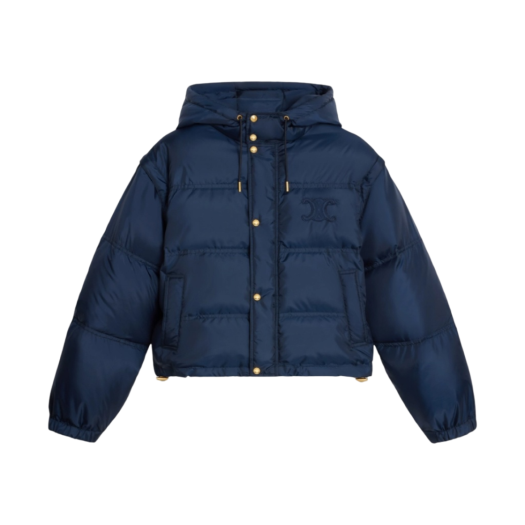 (W) Celine Cropped Triomphe Down Jacket in Lightweight Nylon Navy