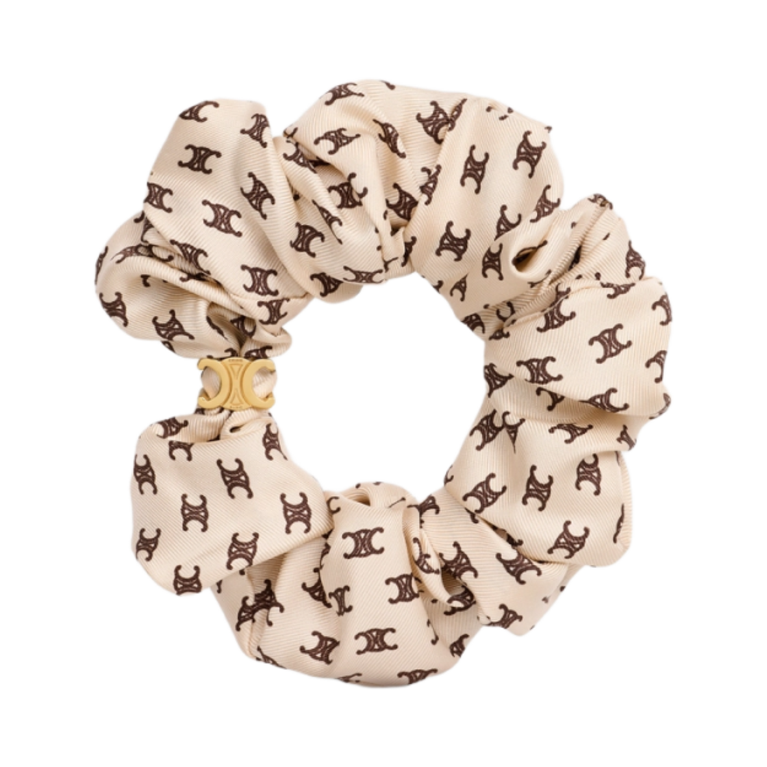 461DK2SIB-18LV (W) Celine Mini Triomphe Scrunchy Silk Gold Finish Brass Vanilla Chestnut
