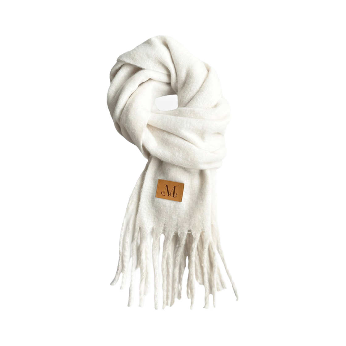 무센트 시그니처 머플러 브라운 레더 패치 롱 아이보리(MUCENT Signature Muffler Brown Leather Patch Long Ivory)