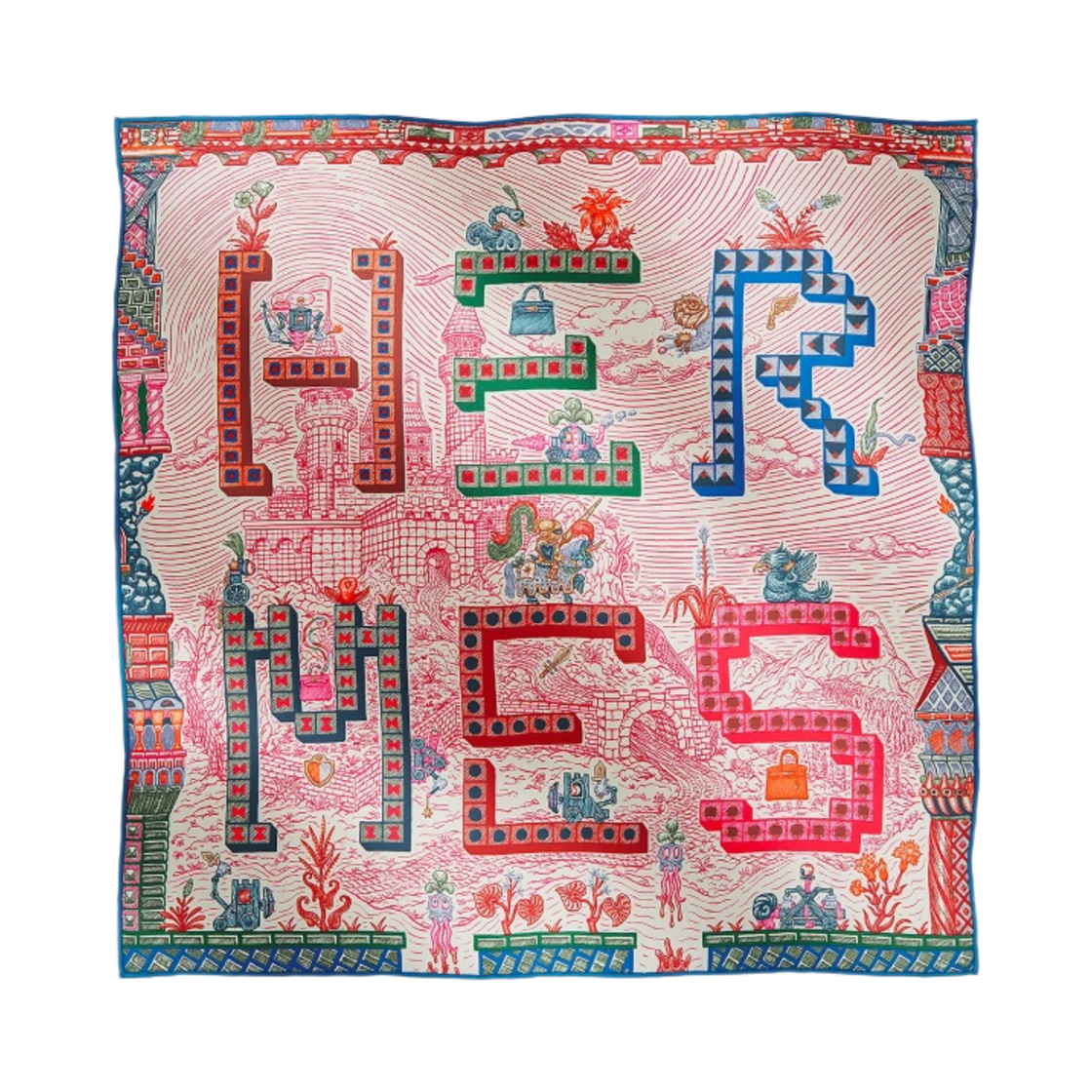 (W) 에르메스 슈퍼 실크 퀘스트 디테일 스카프 45 로즈 블루 베르((W) Hermes Super Silk Quest Detail Scarf 45 Rose Bleu Vert) - 1