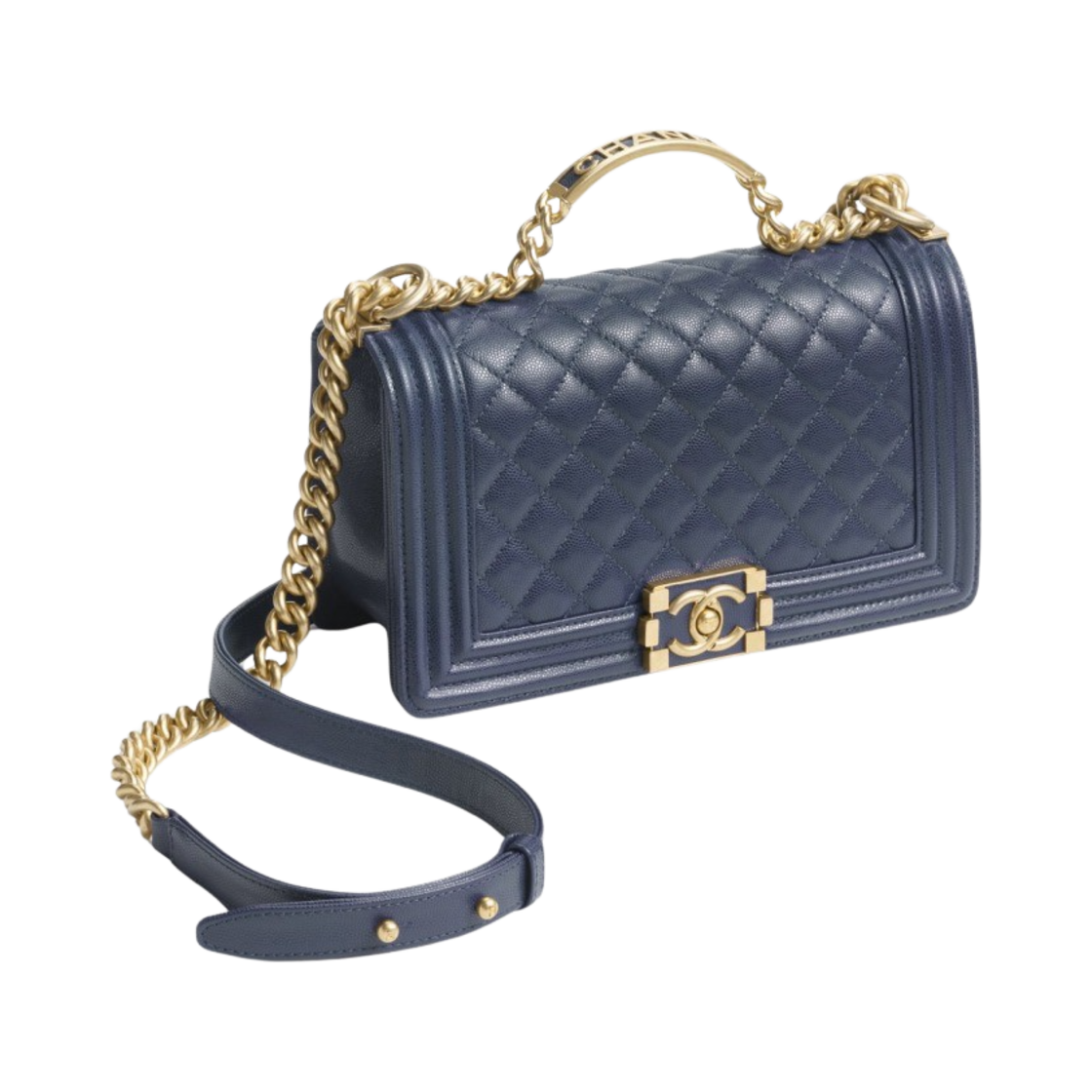 샤넬 보이 샤넬 플랩백 핸들 그레인드 샤이니 카프스킨 & 골드 메탈 다크 블루(Chanel Boy Chanel Flap Bag with Handle Grained Shiny Calfskin & Gold Dark Blue) - 2