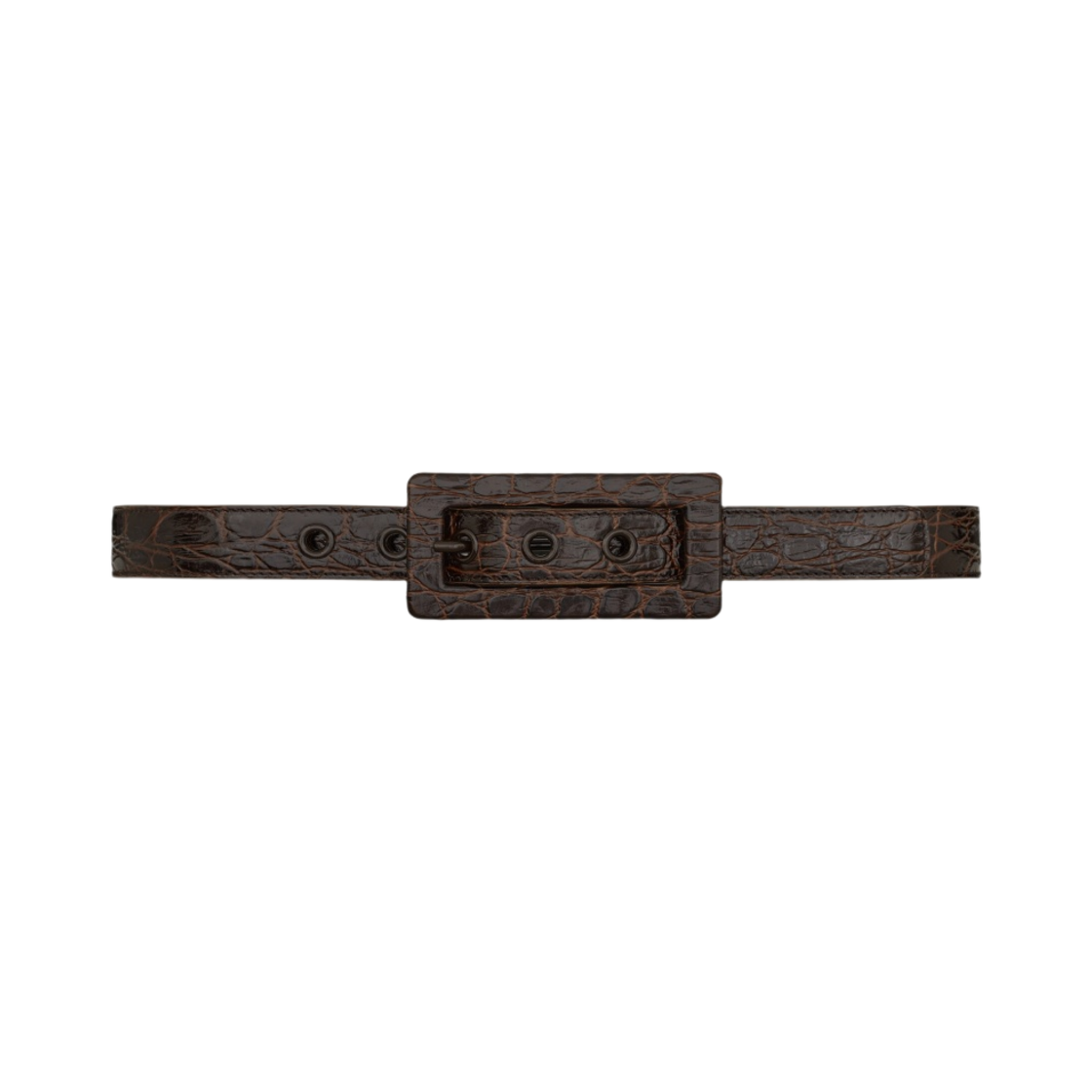 (W) 생로랑 렉탱귤러 버클 벨트 크로커다일 엠보스 레더 파인 브라운((W) Saint Laurent Rectangular Buckle Belt in Crocodile-Embossed Leather Pine Brown) - 1