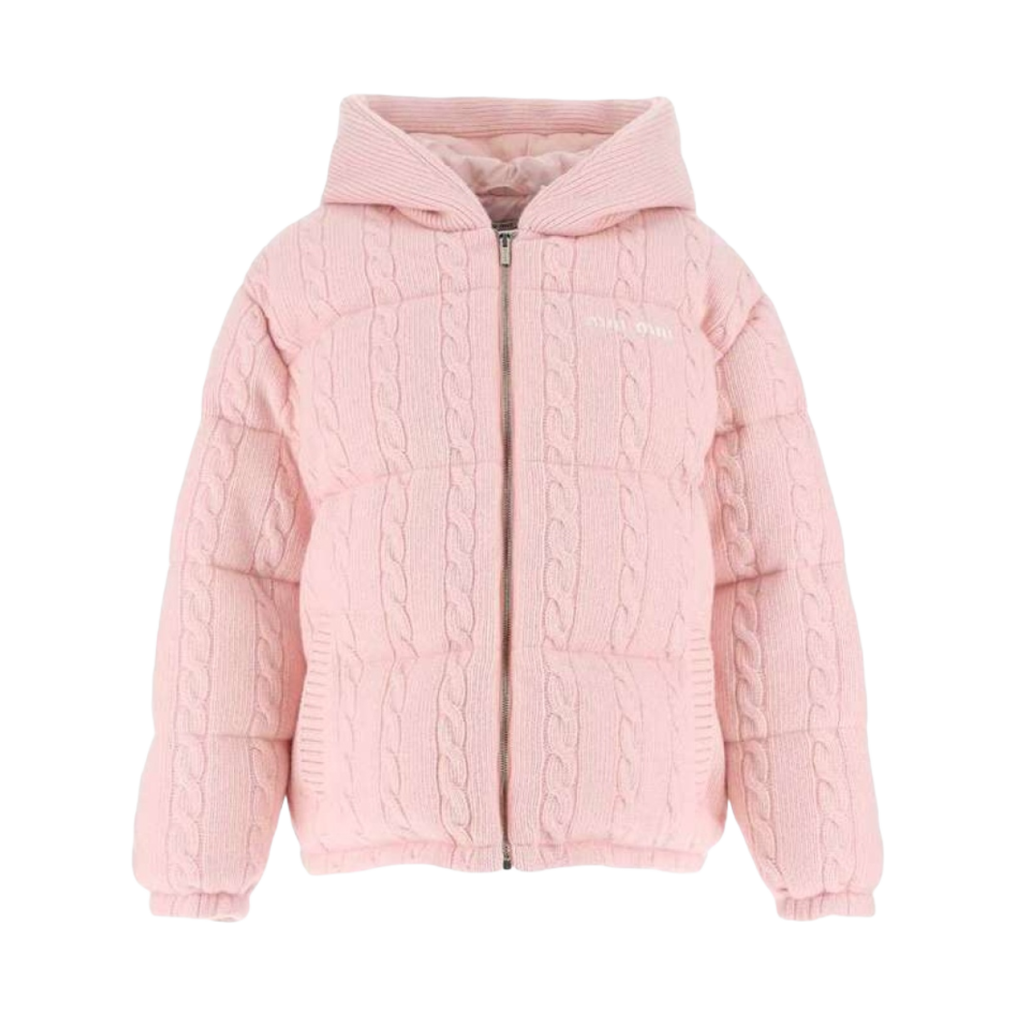 (W) 미우 미우 울 캐시미어 케이블 후드 패딩 페탈 핑크((W) Miu Miu Wool Cashmere Cable Hooded Padding Petal Pink)