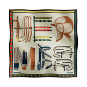 (W) Hermes Lettres Equestre Scarf 90 Creme Jaune Multicolore