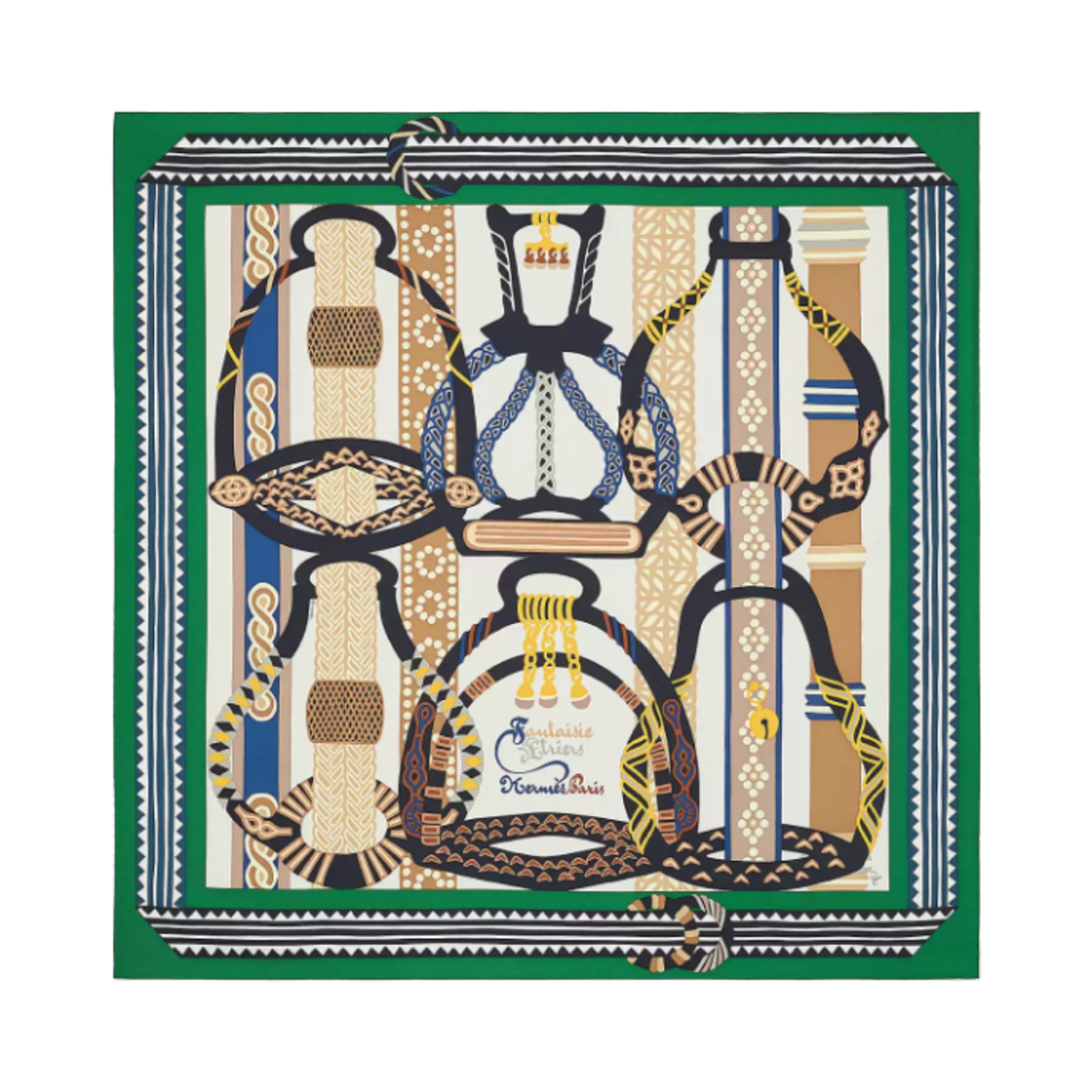(W) 에르메스 판타지 데트리에 스카프 90 베르 그리 뻬를르 블루((W) Hermes Fantaisie d'Etriers Scarf 90 Vert Gris Perle Bleu) - 1