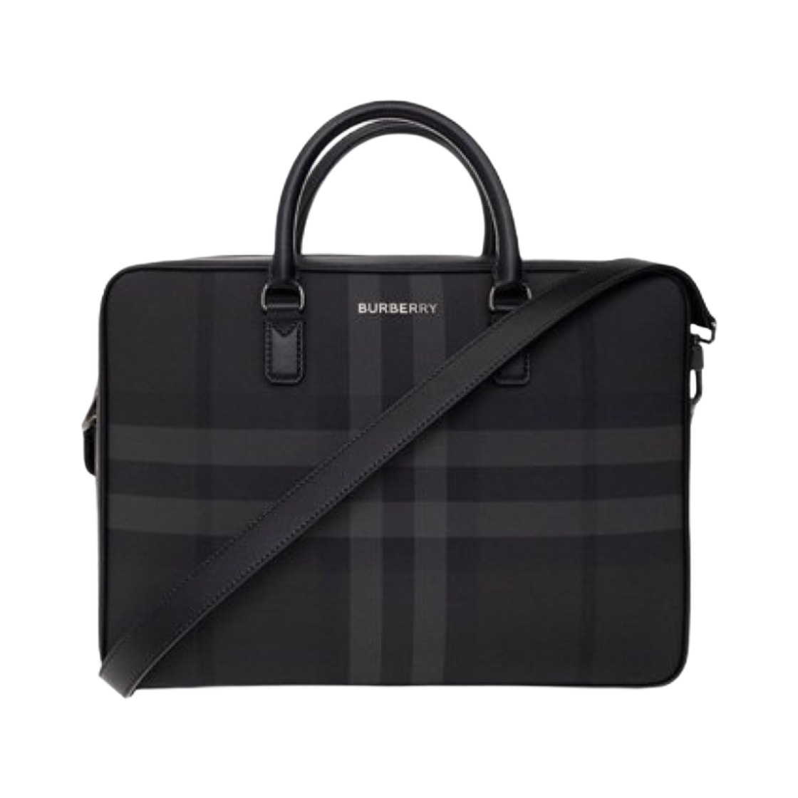 8065338 Burberry Check Leather Briefcase Charcoal