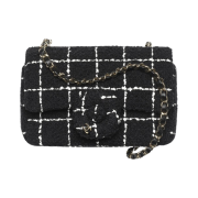 Chanel Small Flap Bag Wool Tweed Gold Metal & Black White
