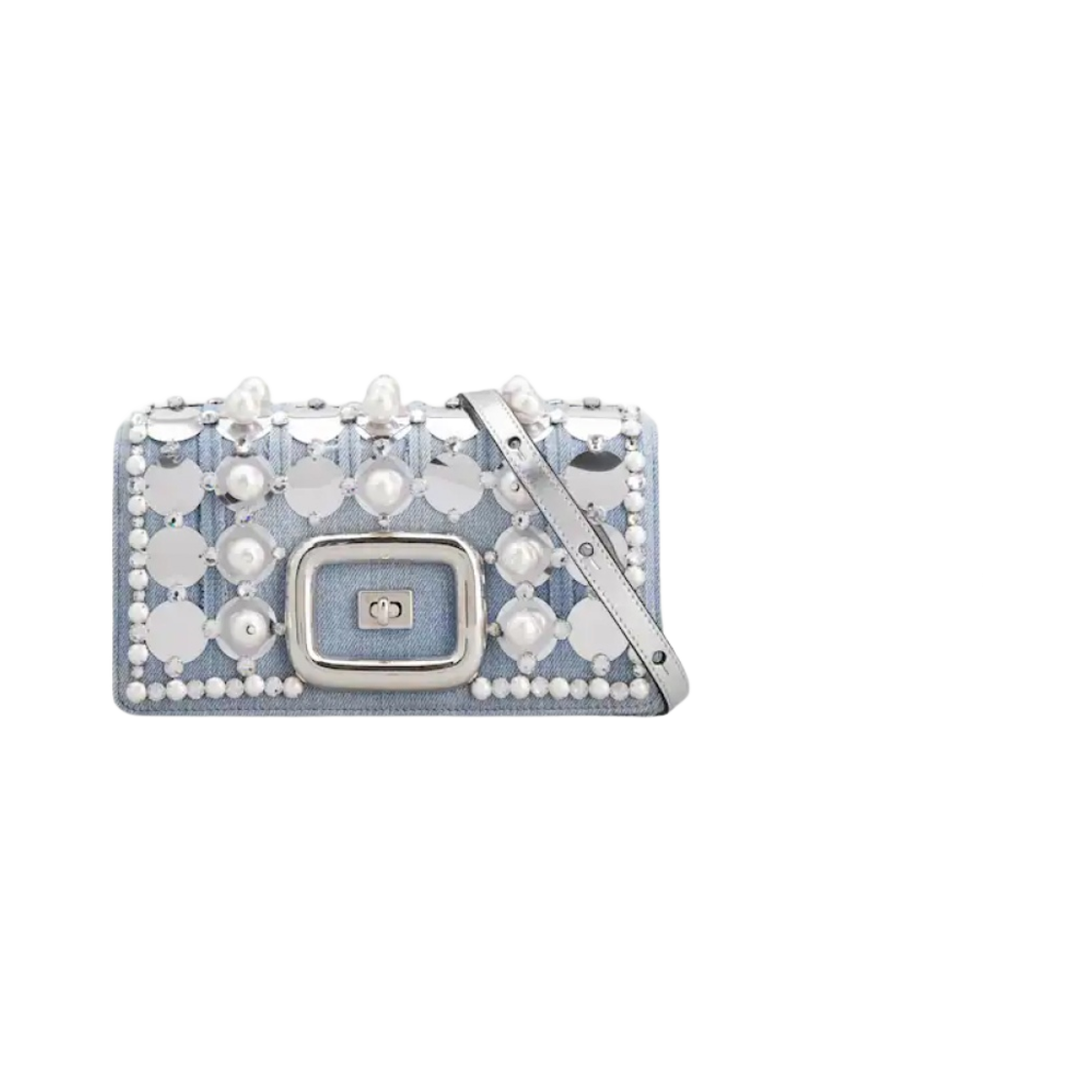 RBWAOGW4101SCQ1K81 Roger Vivier Viv' Choc Disco Mini Denim Bag Silver Light Blue