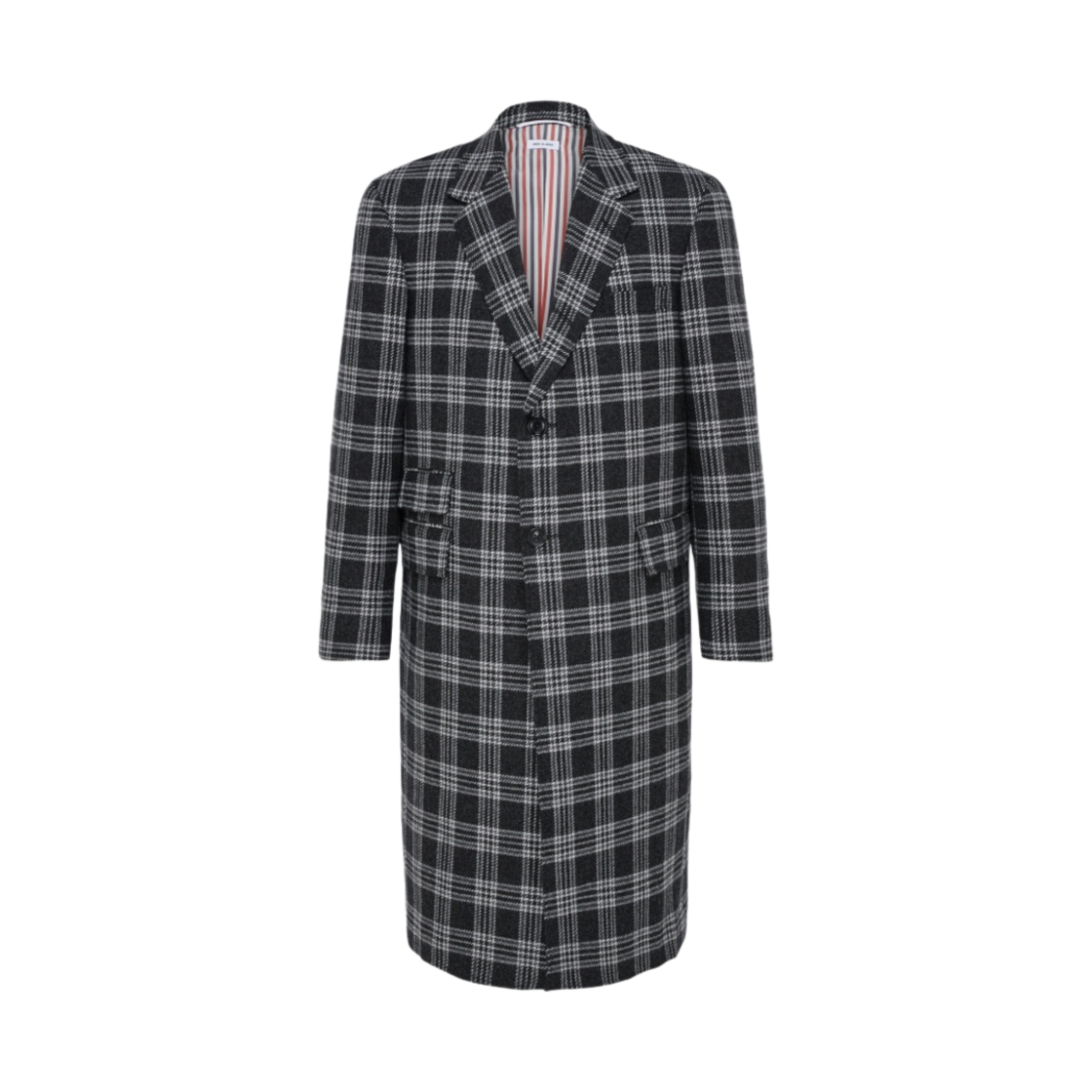 MOC906A-F0343-035 Thom Browne Prince of Wales Lambswool Overcoat Medium Grey