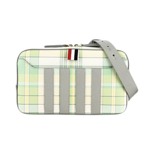 MAG431A-L0041-340 Thom Browne Madras Print Pebble Grain Leather 4-Bar Crossbody Bag Pastel Green
