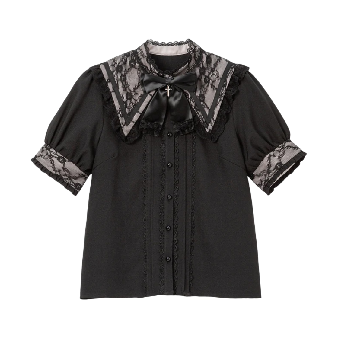 534310 (W) Dear My Love Cross Ribbon Sailor Lace Collar Blouse Black Grey