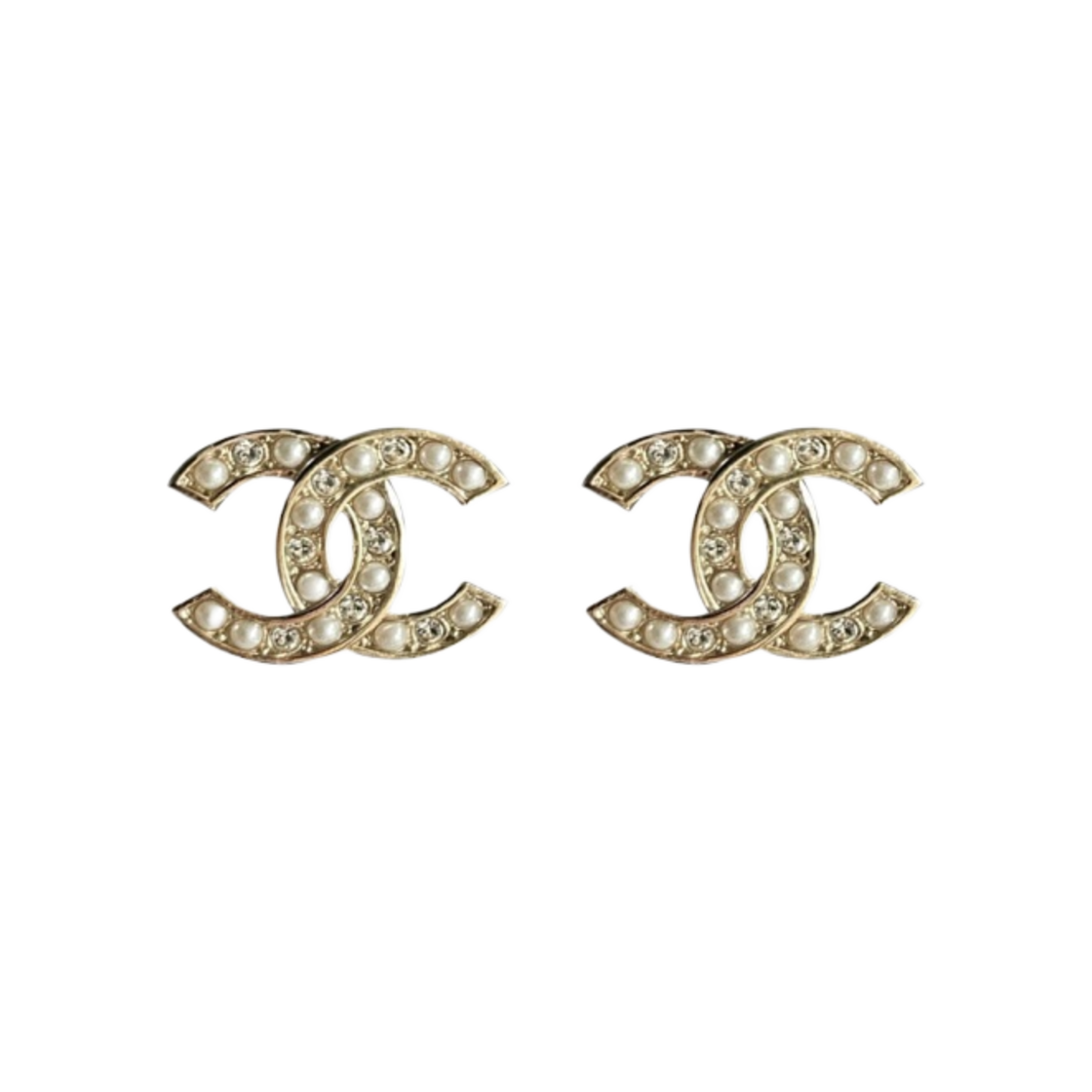 (W) 샤넬 스터드 이어링 메탈 & 골드 펄리 화이트 크리스탈((W) Chanel Stud Earrings Metal & Gold Pearly White Crystal)