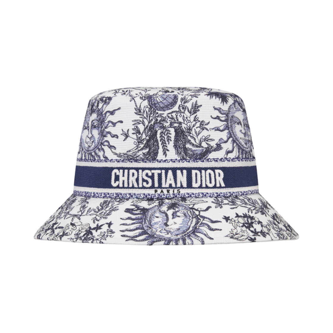 (W) 디올 D-바비 트왈 드 주이 쏠레이 스몰 클로시 버킷햇 화이트 네이비 블루((W) Dior D-Bobby Toile De Jouy Soleil Small Brim Bucket Hat White Navy Blue) - 1