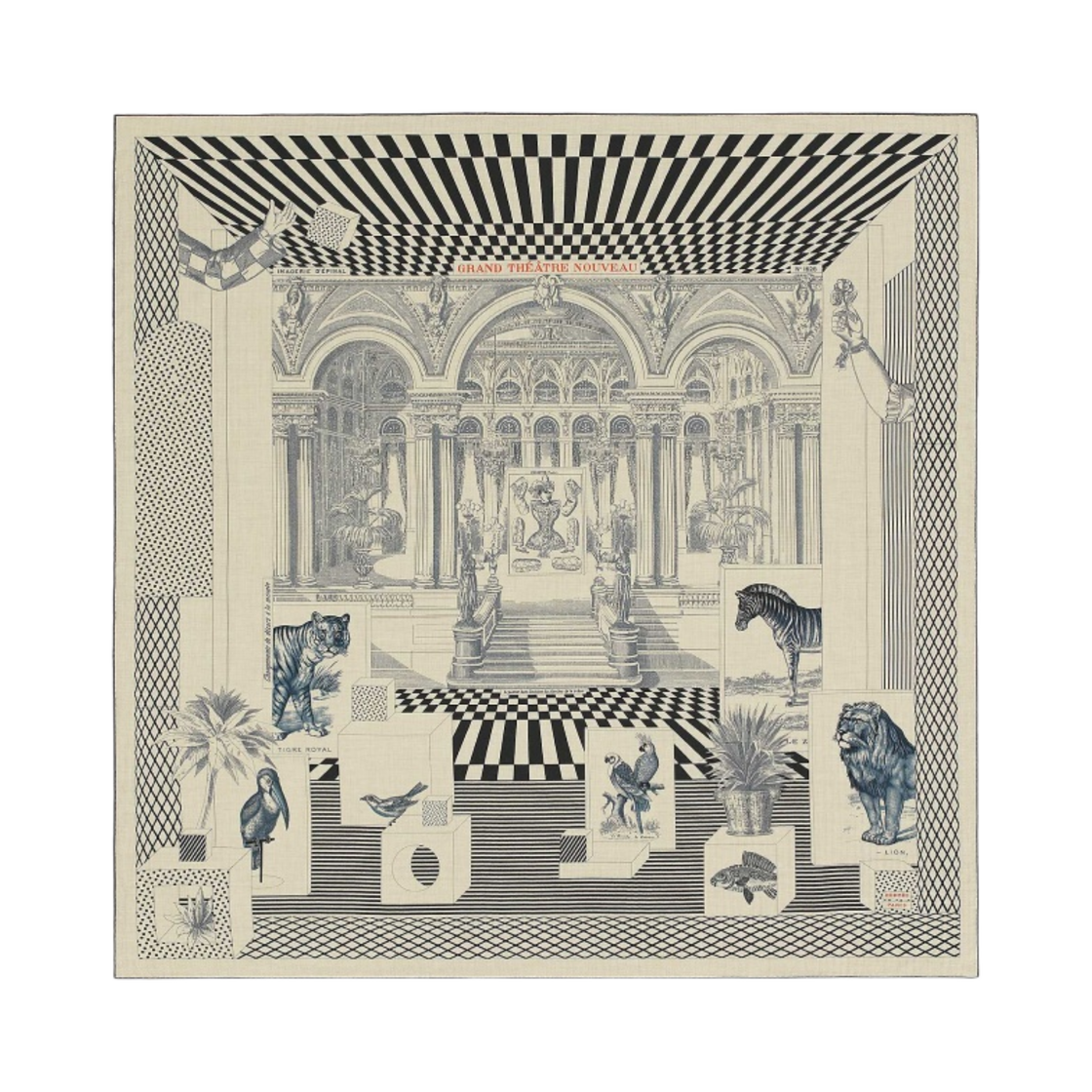 H243761S09 (W) Hermes Grand Theatre Nouveau Shawl 140 Cashmere Silk Naturel Marine Noir - 대표 이미지 #1