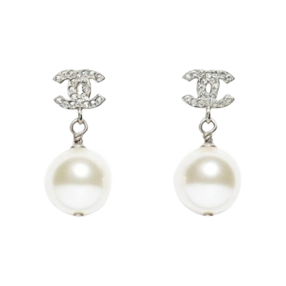 (W) 샤넬 이어링 메탈 글라스 스트라스 & 실버 펄리 화이트((W) Chanel Earrings Metal Glass Strass & Silver Pearly White)