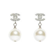 (W) Chanel Earrings Metal Glass Strass & Silver Pearly White