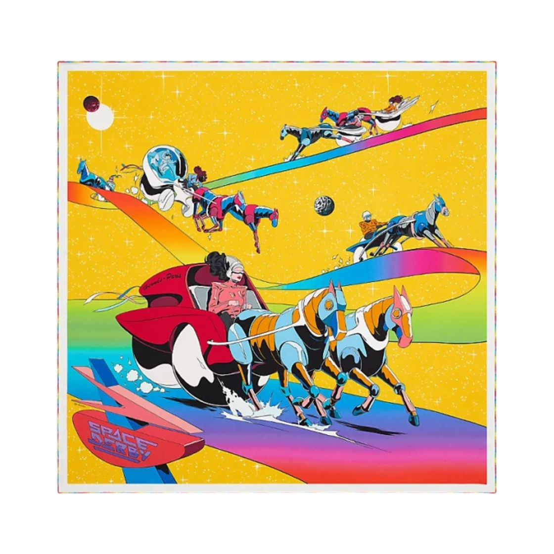 (W) 에르메스 스페이스 더비 스카프 90 죤 비프 베르 플루오 멀티꼴로르((W) Hermes Space Derby Scarf 90 Jaune Vif Vert Fluo Multicolore) - 1