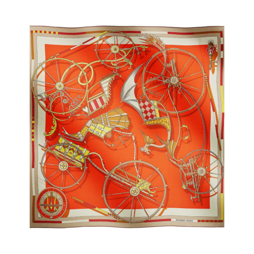 (W) Hermes Voitures en Equilibre Shawl 140 Blanc Orange Cuit Jaune
