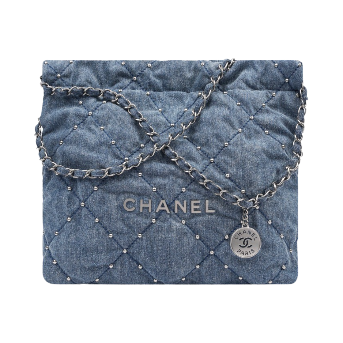 샤넬 22 스몰 핸드백 워시드 데님 & 실버 메탈 블루