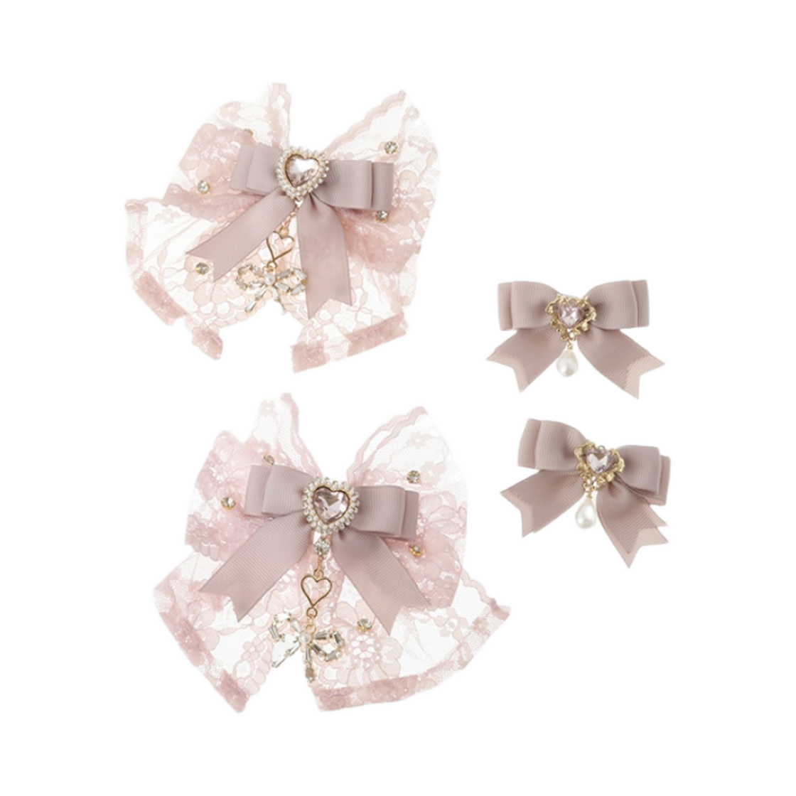 (W) 리즈 리사 레이스 비주 리본 클립 핑크 (4개 세트)((W) Liz Lisa Lace Bijoux Ribbon Clips Pink (Set of 4))