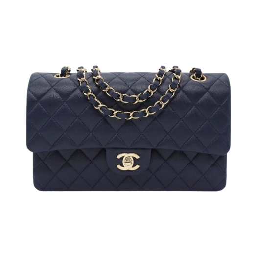 Chanel Medium Classic Handbag Grained Calfskin & Gold Navy Blue