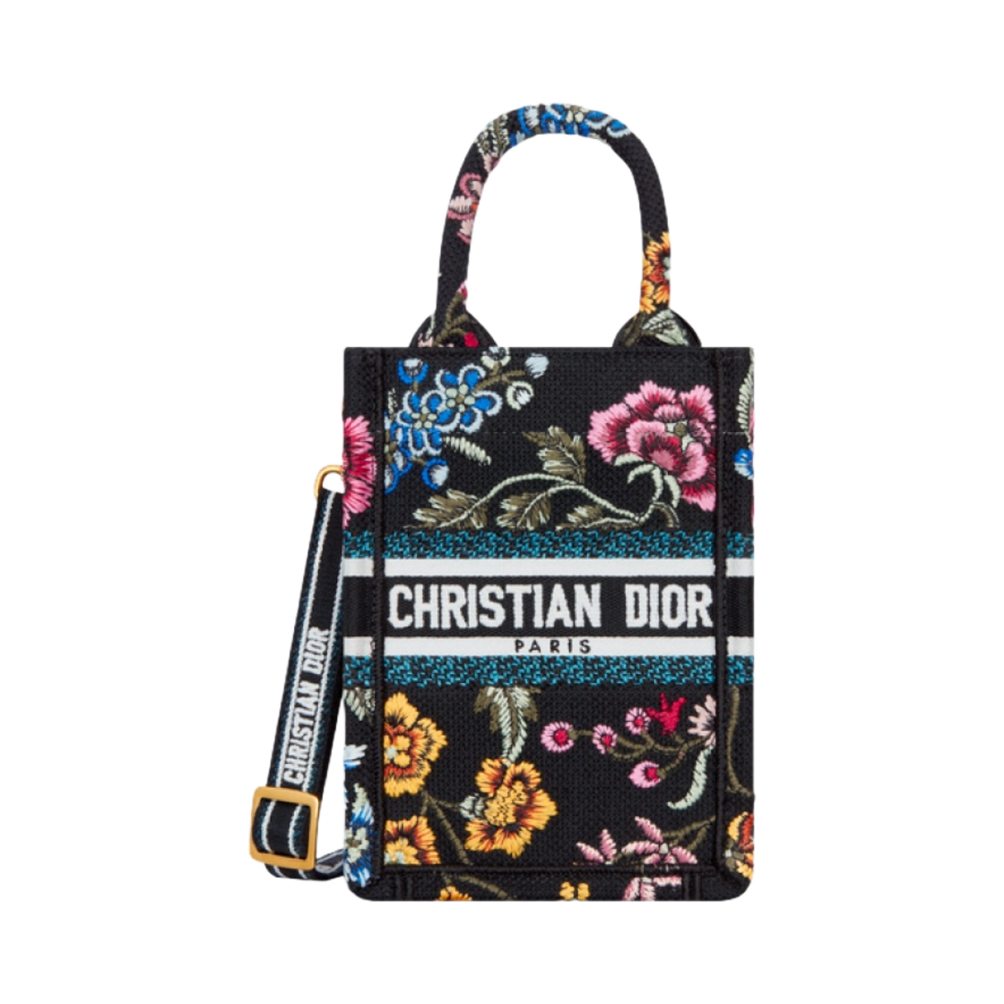 디올 미니 디올 북 토트백 폰 백 블랙 멀티컬러 디올 쁘띠 플레르 자수(Dior Mini Dior Book Tote Phone Bag Black Multicolor Dior Petites Fleurs Embroidery) - 1