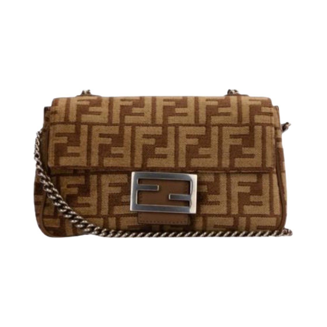 8BR793ALG7F1HZS Fendi Baguette Chain Midi FF Tapestry Fabric Bag Brown