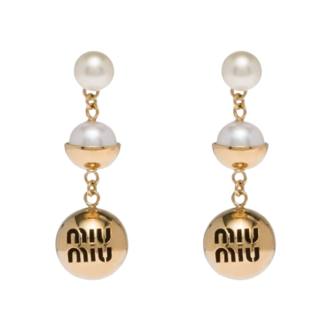 (W) 미우 미우 메탈 앤 펄 이어링 골드 크림((W) Miu Miu Metal and Pearl Earrings Gold Cream) - 1