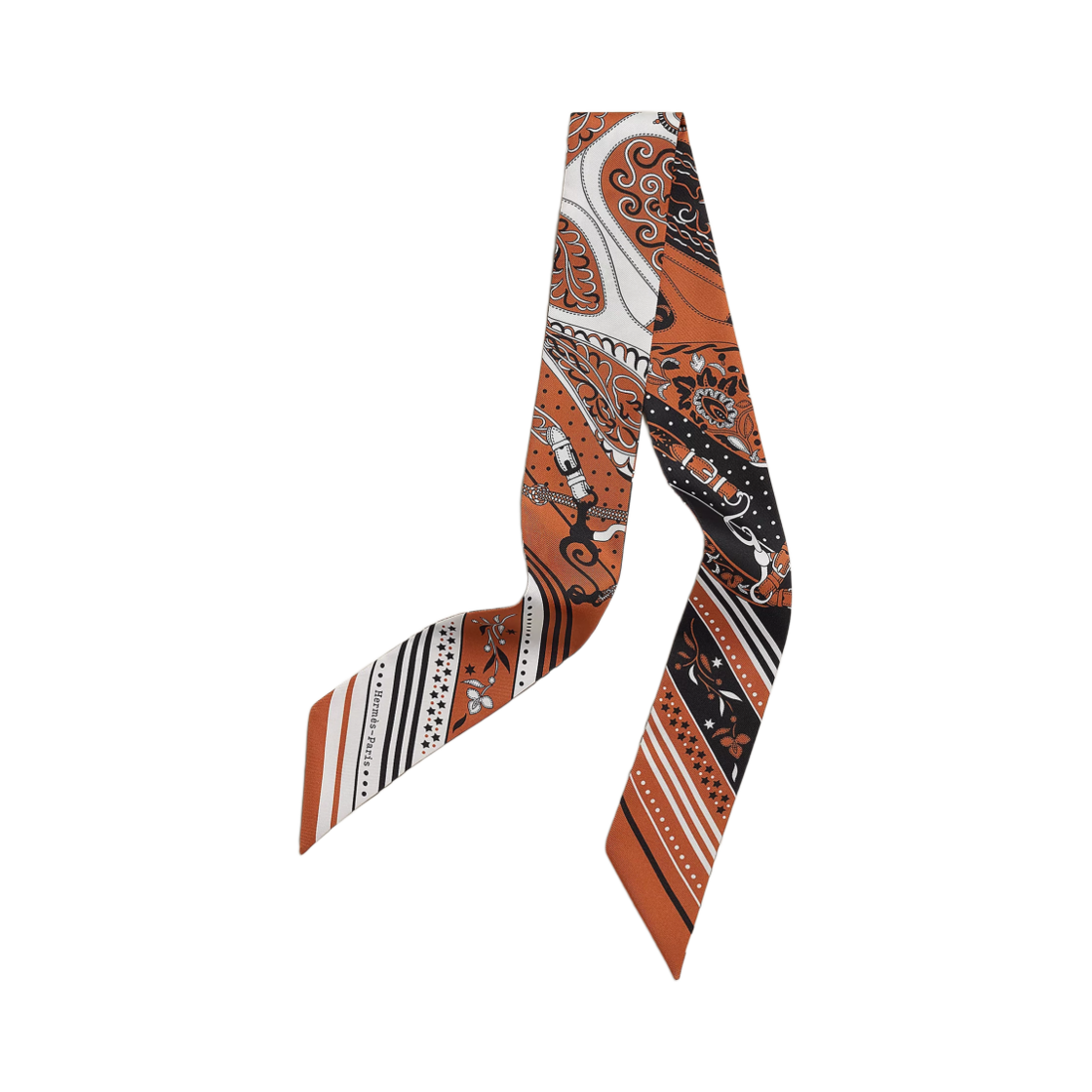 H064217S03 (W) Hermes Festival Des Amazones Bandana Twilly Caramel Blanc Noir