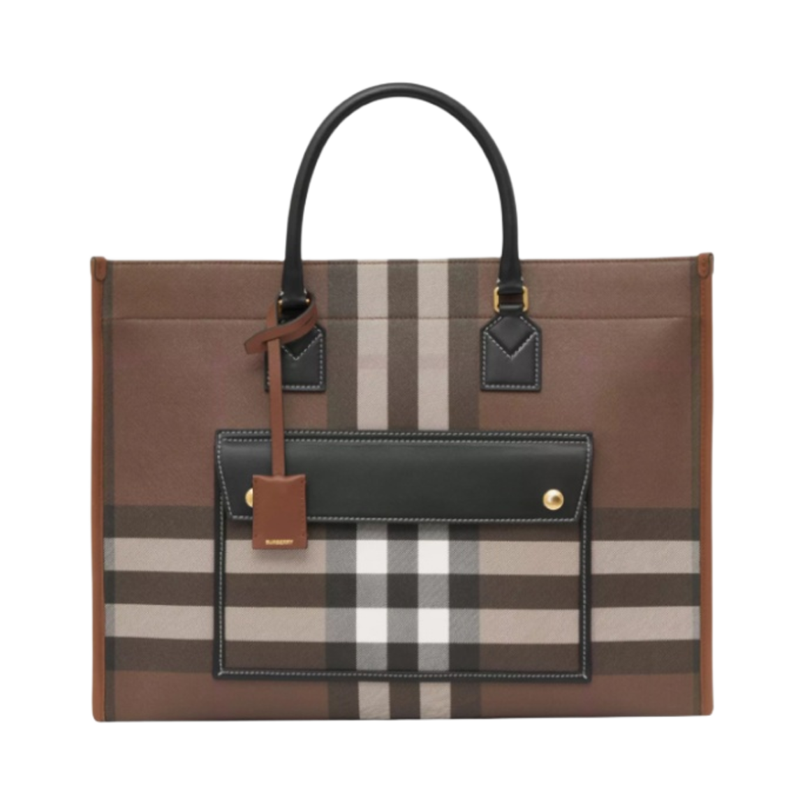버버리 체크 레더 미디움 프레야 토트백 다크 버치 브라운(Burberry Check and Leather Medium Freya Tote Bag Dark Birch Brown) - 1