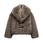 (W) Zara Short Faux Fur Coat Brown Taupe