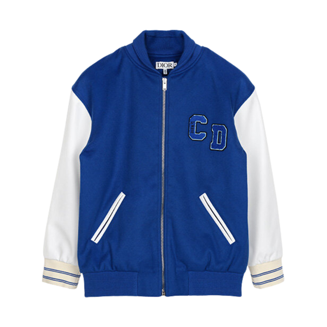 4SBM21PEAB-Y160 (Kids) Dior Wool Cashmere Technical Fabric Varsity Jacket Ultramarine Blue White
