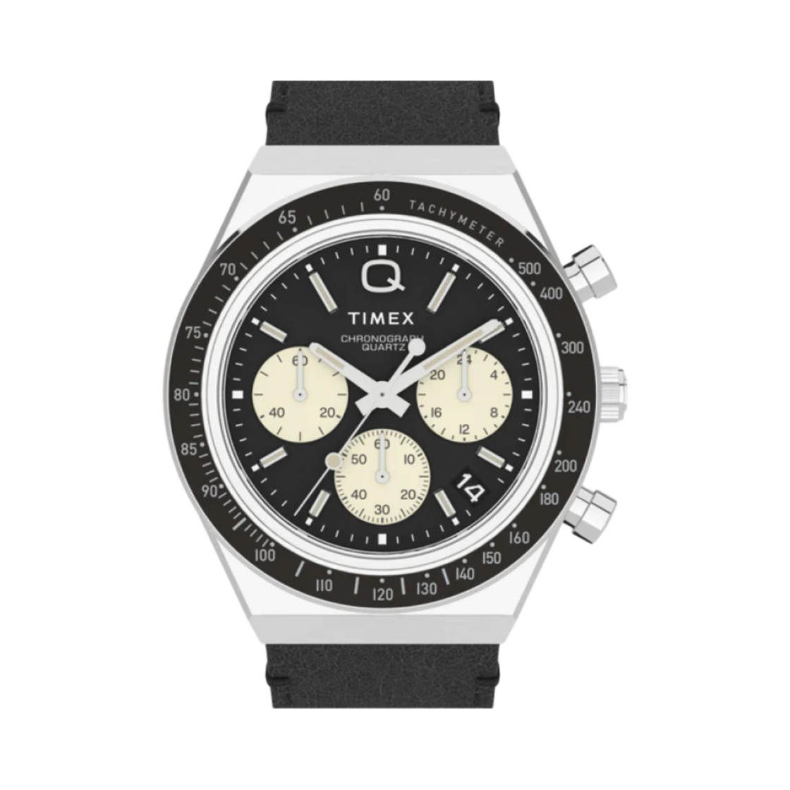 타이맥스 Q 크로노그래프 40mm 레더 스트랩 워치 블랙 스테인리스 스틸(Timex Q Chronograph 40mm Leather Strap Watch Black Stainless Steel)