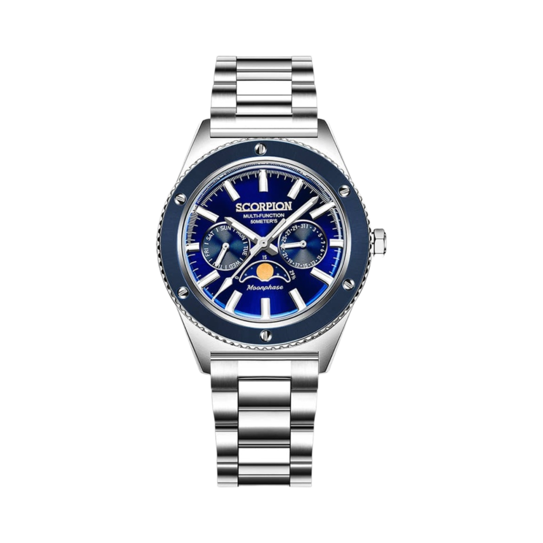 스콜피온 40mm 문페이즈 메탈 워치 블루(Scorpion 40mm Moonphase Metal Watch Blue)