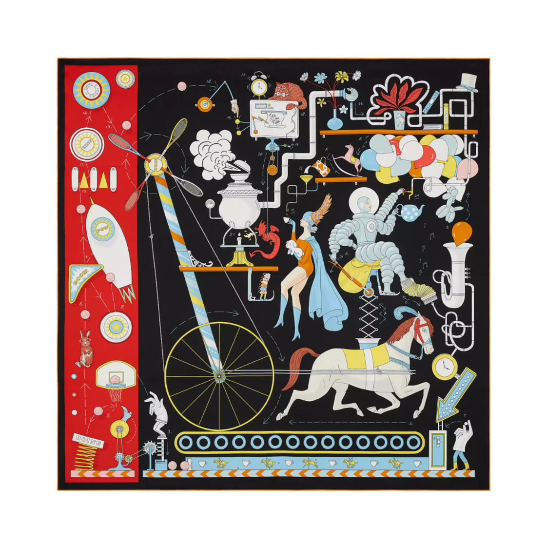 (W) 에르메스 티 포 투 스카프 90 누아 루즈 멀티꼴로르((W) Hermes Tea for Two Scarf 90 Noir Rouge Multicolore)