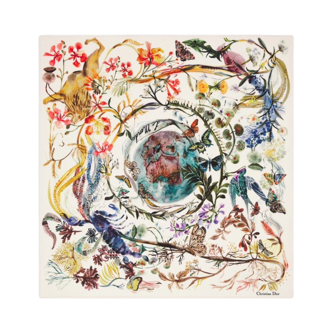 (W) 디올 르 몬드 타로 70 스퀘어 스카프 화이트 멀티컬러 실크 트윌((W) Dior Le Monde Tarot 70 Square Scarf White Multicolor Silk Twill)