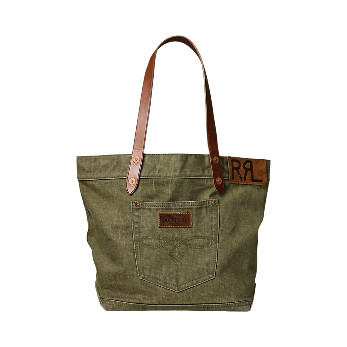 MARRBGS0G620035301 Double RL Leather Trim Twill Tote Olive