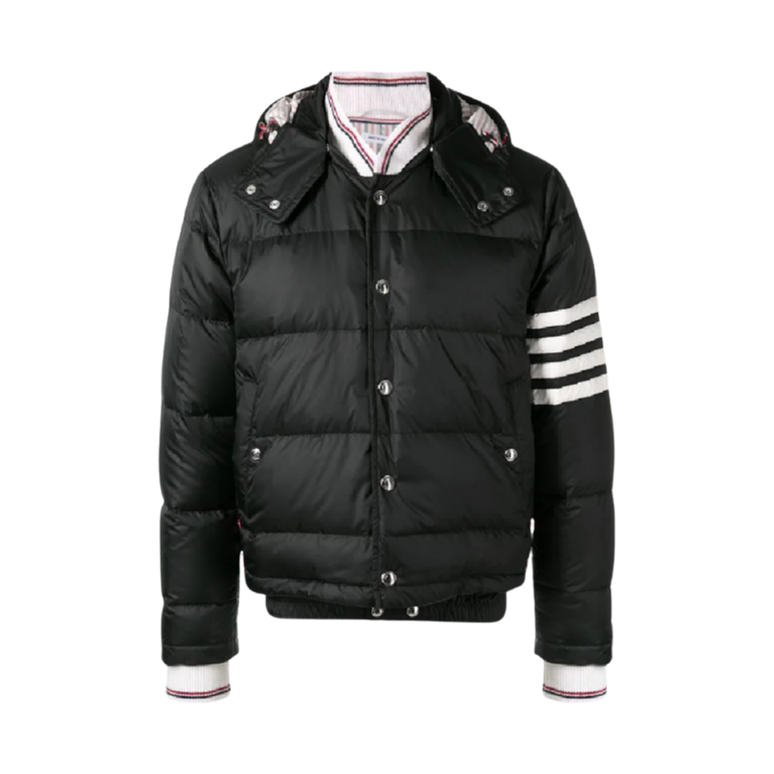 MJD061X-05411-001 Thom Browne Down Filled Matte Nylon 4-Bar Bomber Jacket Black