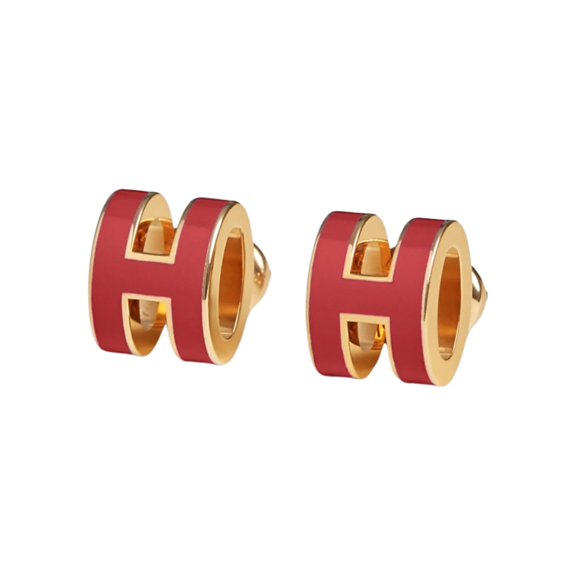 H608002FB7 (W) Hermes Mini Pop H Earrings Rose Gold & Rouge Grenat